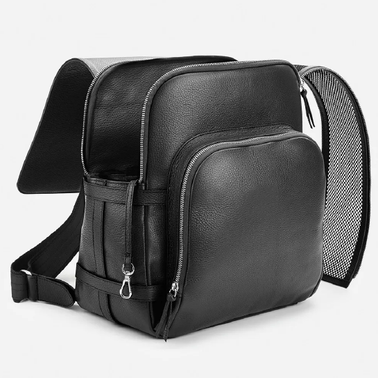 Black Pebble-Grain Leather Pet Carrier Backpack