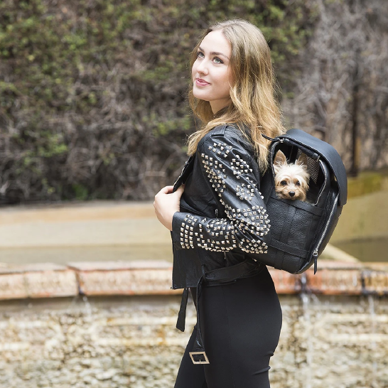 Black Pebble-Grain Leather Pet Carrier Backpack